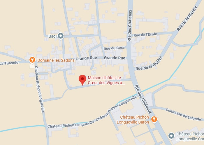 Maison d'hôtes Cœur des Vignes : Carte Route des Châteaux Pauillac Carte détaillée de Pauillac : Maison d'hôtes Le Cœur des Vignes, près de la Grande Rue et de la Rte des Châteaux, entourée par les Châteaux Pichon Longueville.